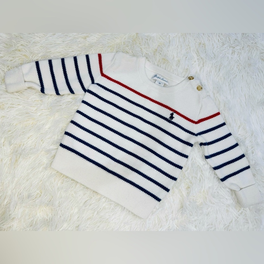 RALPH LAUREN Striped Mesh Knit Cotton Sweater